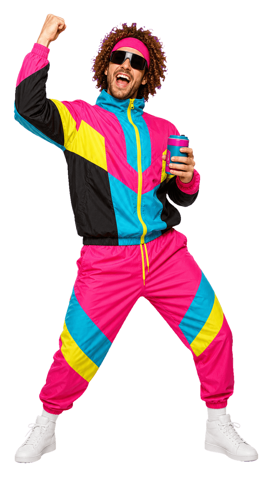 Retro-futuristic operator celebrating in a hot-pink, cyan, yellow, and black tracksuit