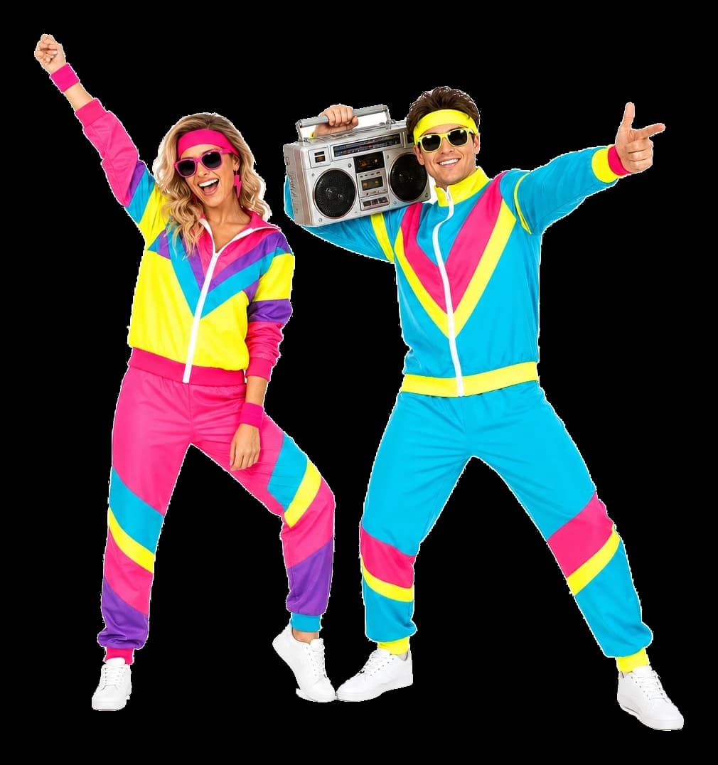 Two adults in bright 1990s tracksuits celebrating with a silver boombox